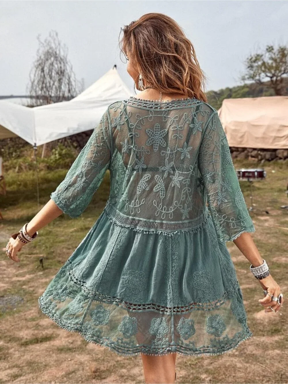 Women's Green Rayon V-Neck Coverup Sheer Mesh Lace Bathing Suit Swimsuit Coverup